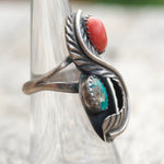 Vintage Sterling Turquoise and Coral Feather Ring 5.75