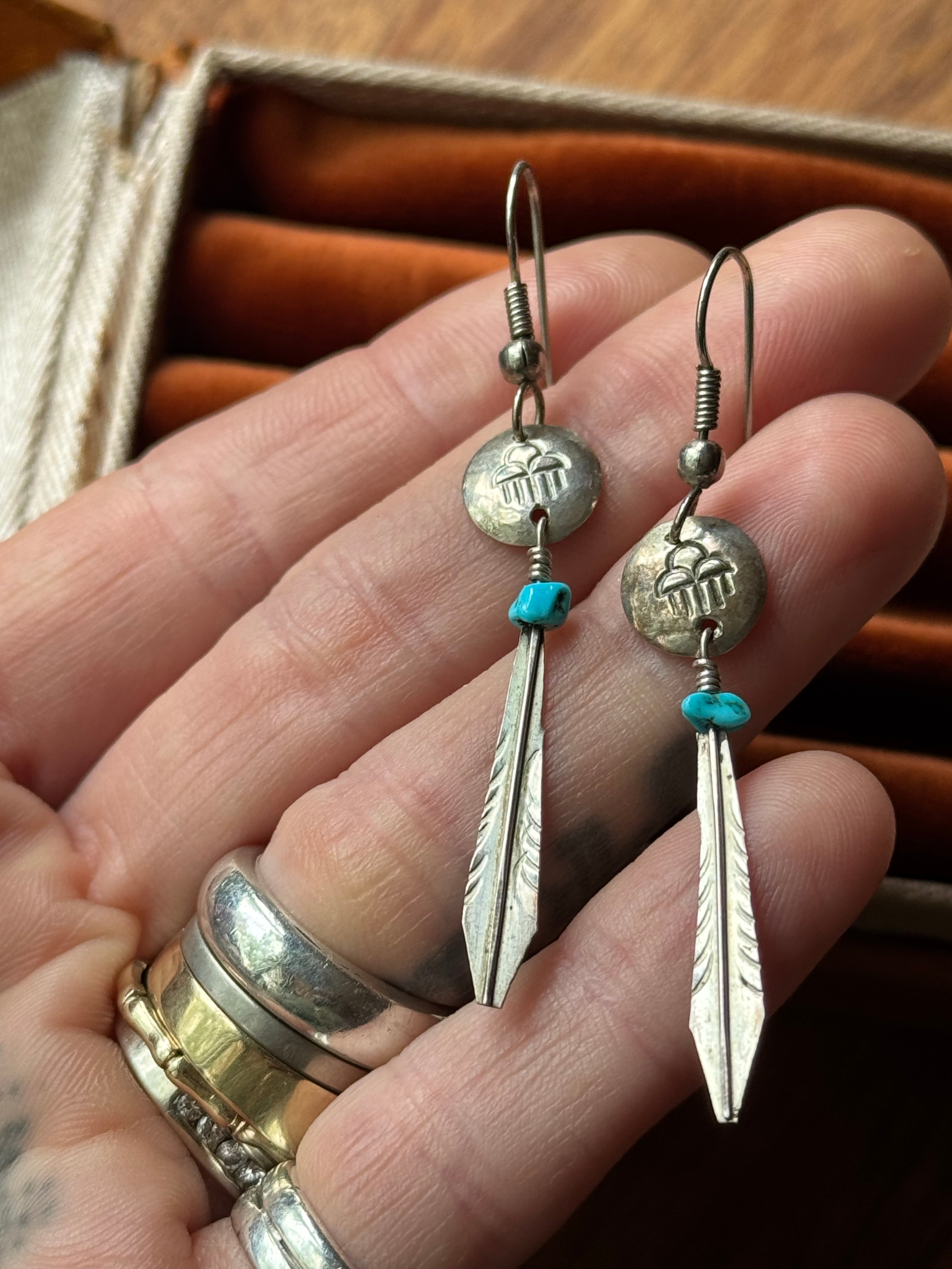 Vintage Sterling Silver Stamped Concho Turquoise Feather Earrings