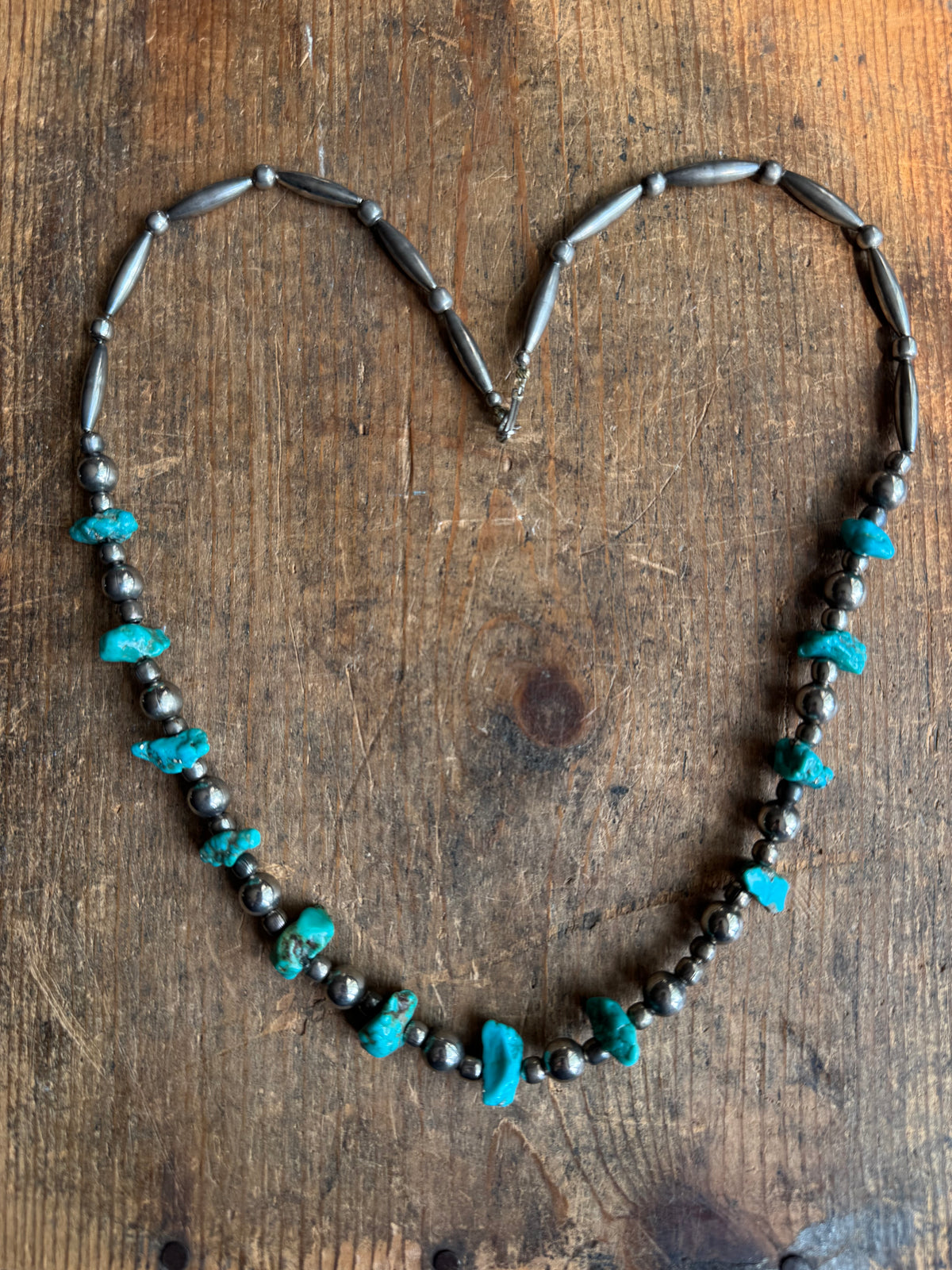 Vintage Raw Turquoise & Sterling Silver Pawn Bead Necklace