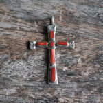 Vintage Sterling 7-Stone Coral Cross Necklace
