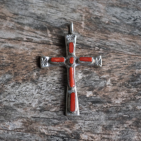 Vintage Sterling 7-Stone Coral Cross Necklace