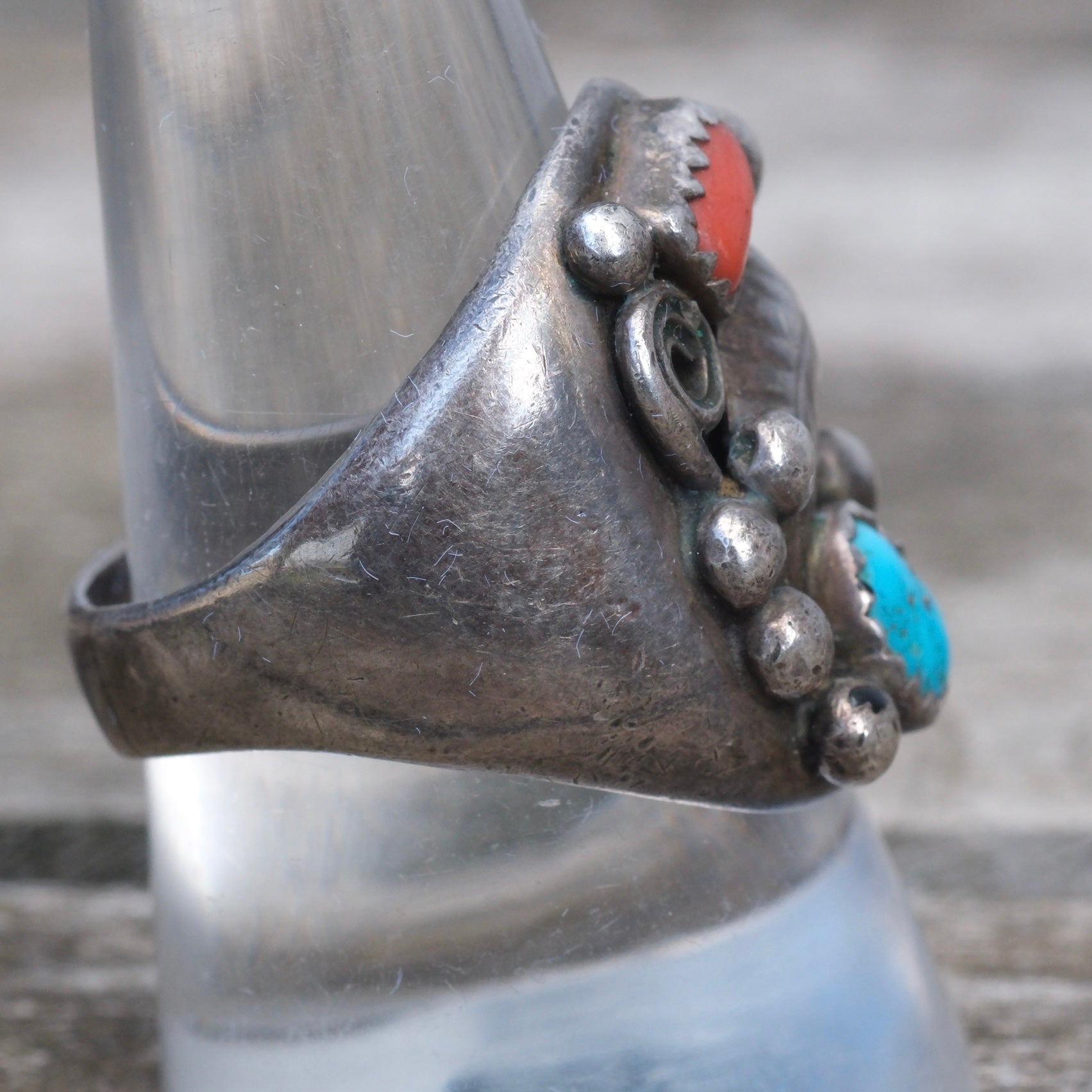 Vintage Sterling Turquoise and Coral Feather Ring 10.25