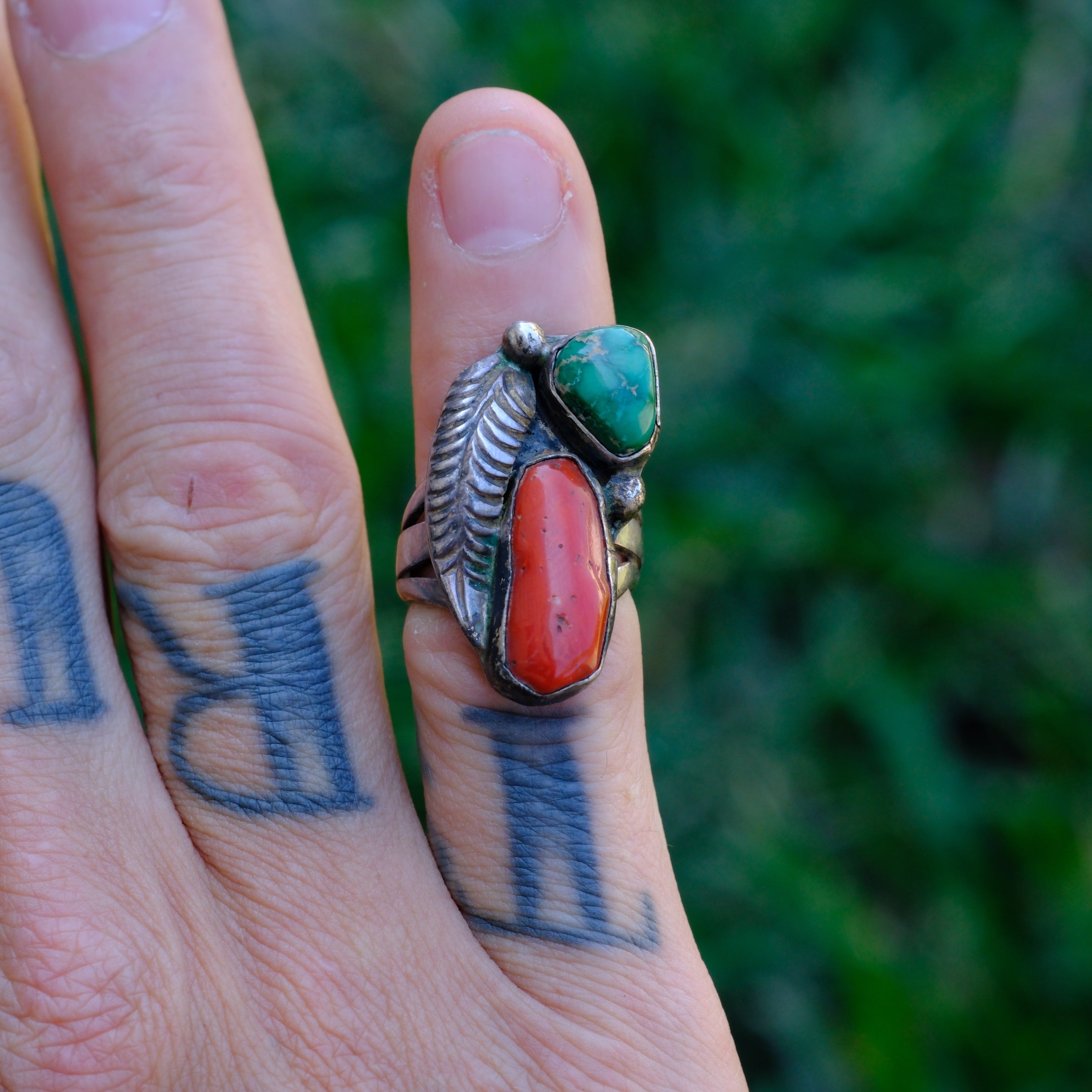 Vintage Sterling Turquoise and Coral Feather Ring 5.5