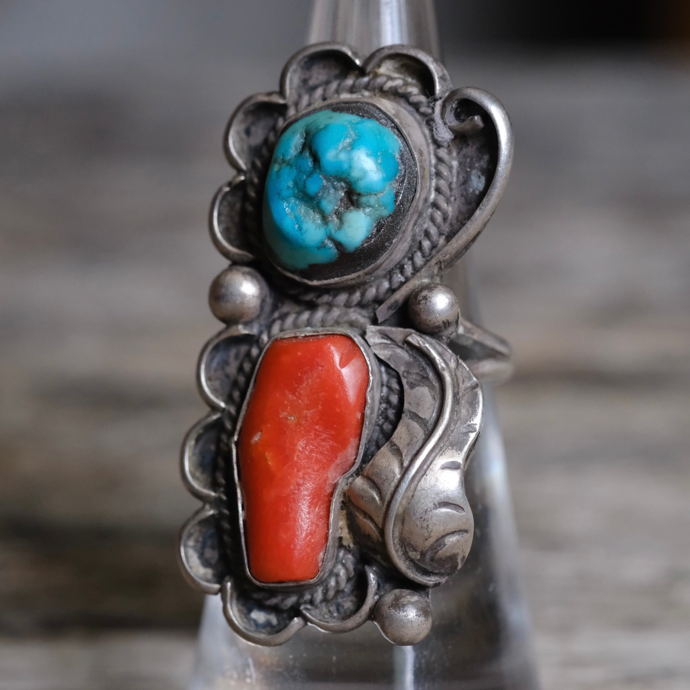 Vintage Sterling Turquoise and Coral Feather Ring 6.25