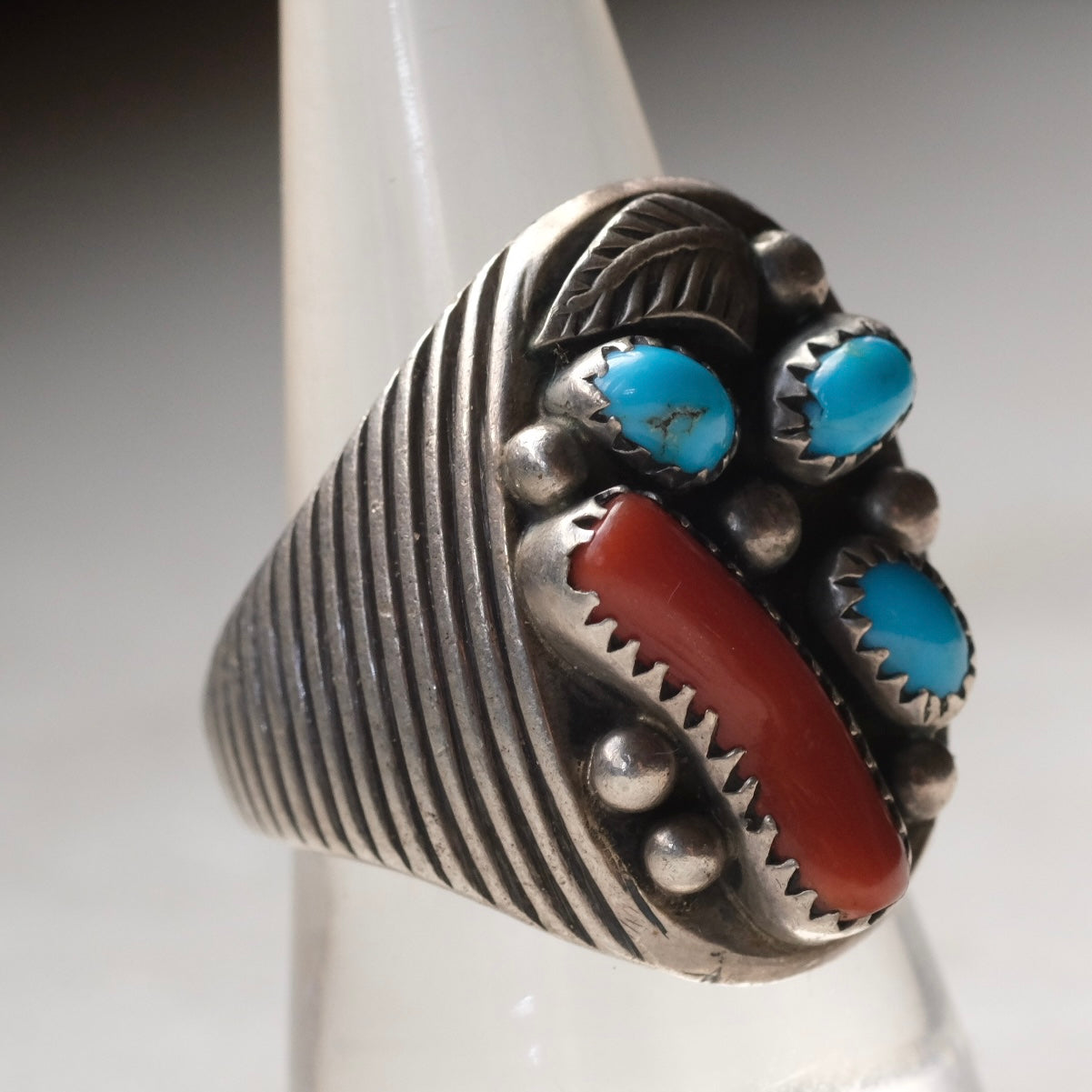 Vintage Sterling Turquoise and Coral Ring 9.5
