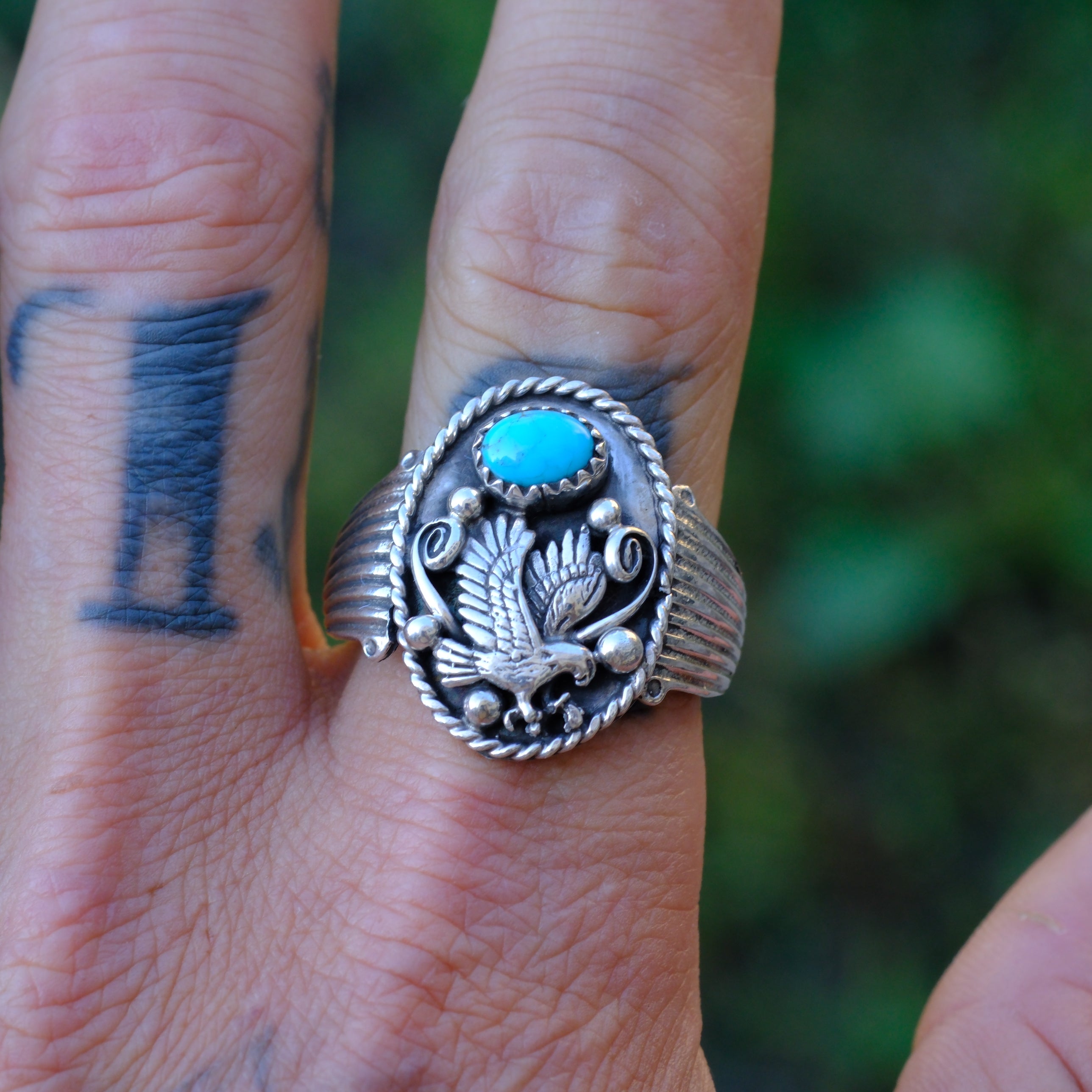 Vintage Sterling Turquoise Eagle Ring 12.5