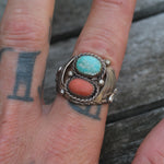 Vintage Sterling Turquoise and Coral Ribbed Band Ring 10.75