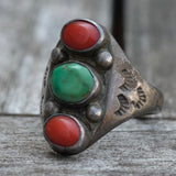 Vintage Sterling Turquoise And Coral Old Pawn Ring 10