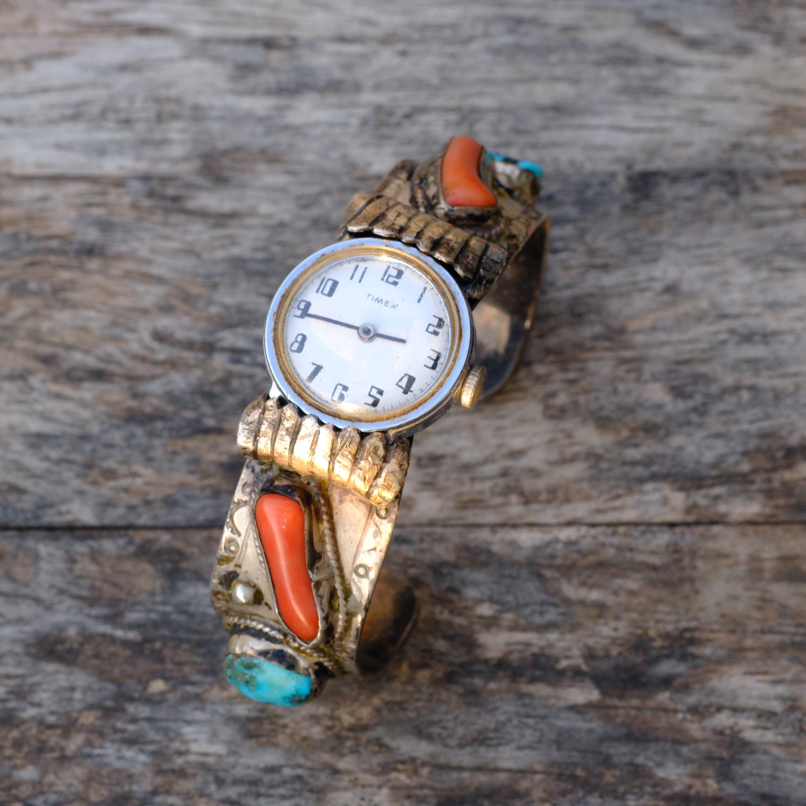 Vintage Sterling Turquoise and Coral Cuff Watch Cuff Bracelet