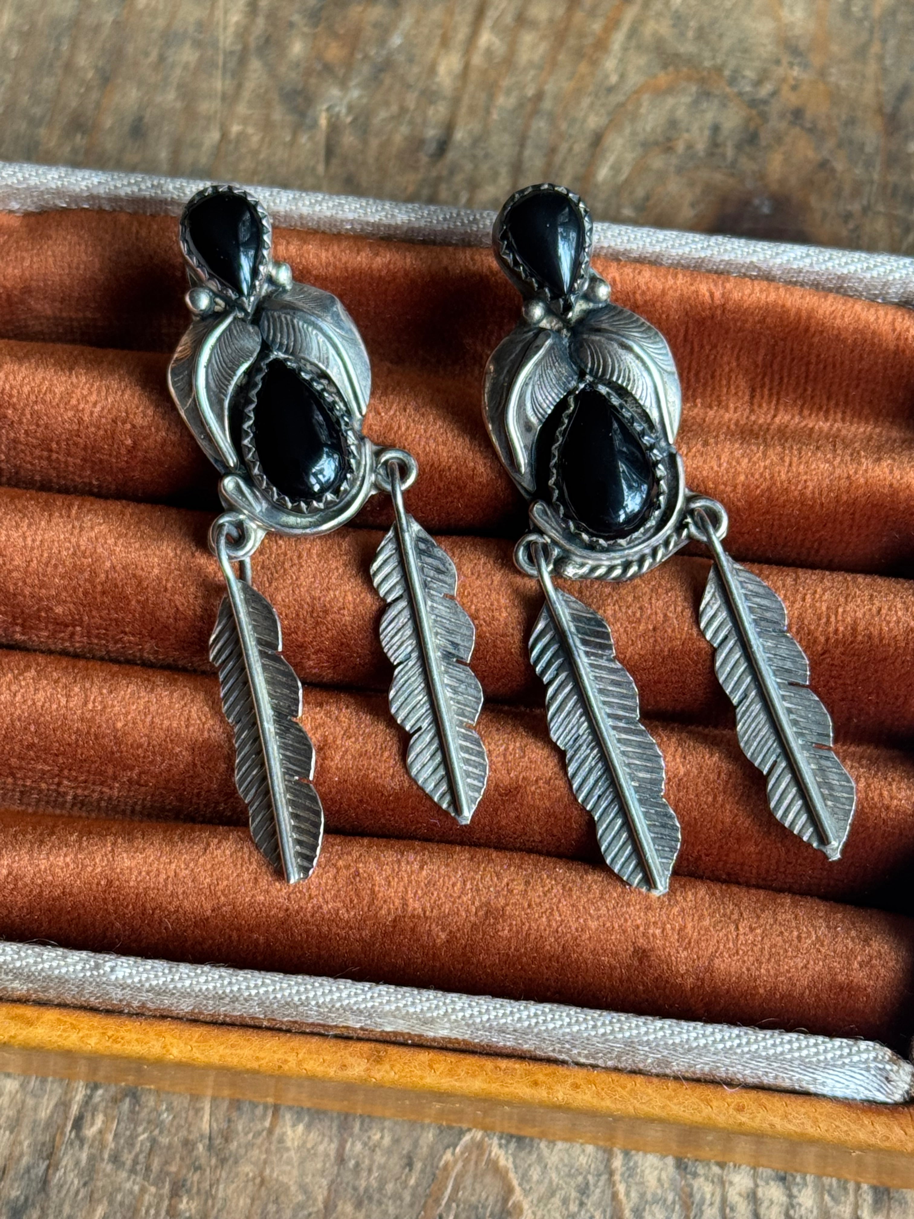 Vintage Sterling Silver Onyx Feather Earrings
