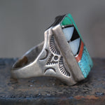 Vintage Sterling Multistone Inlay Stamped Band Ring 11.75