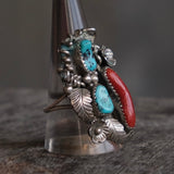 Vintage Sterling Turquoise And Coral Feather Ring 11