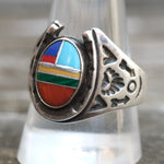 Vintage Sterling Multistone Inlay Horseshoe Ring 11.5