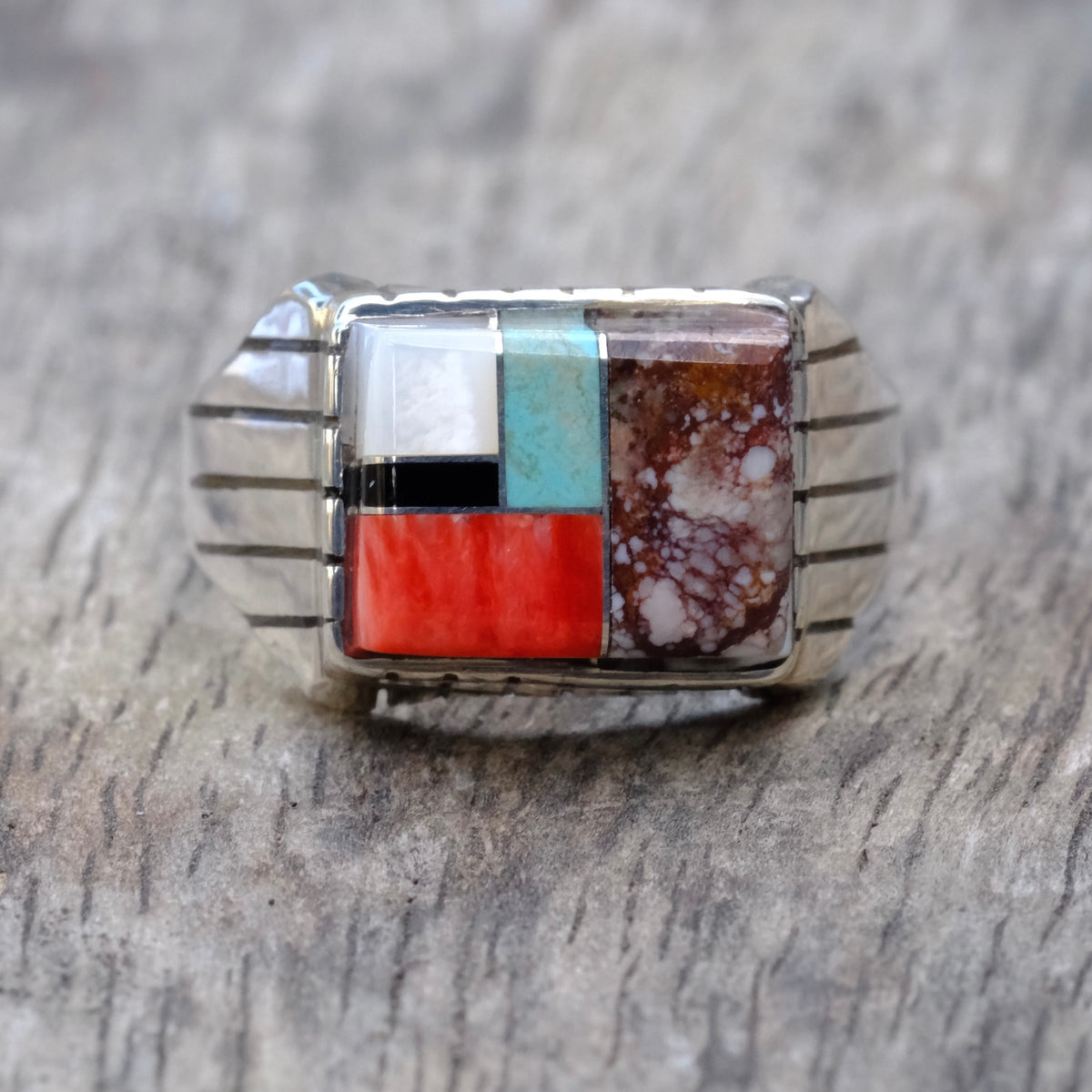 Vintage Sterling Multistone Inlay Ring 13