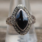 Vintage Sterling Onyx Marcasite Ring 10.75