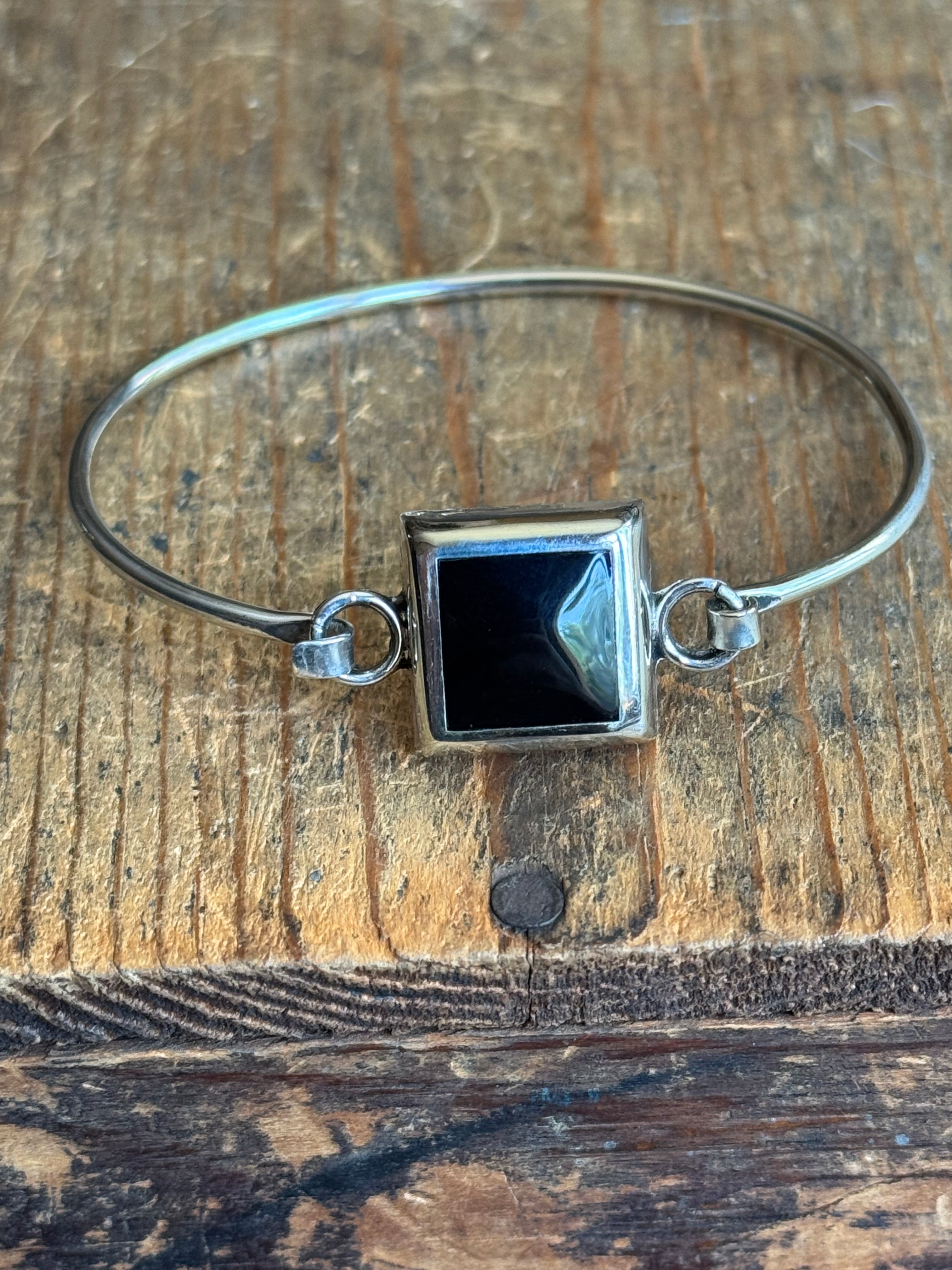 Vintage Sterling Silver Onyx Square Latch Bracelet