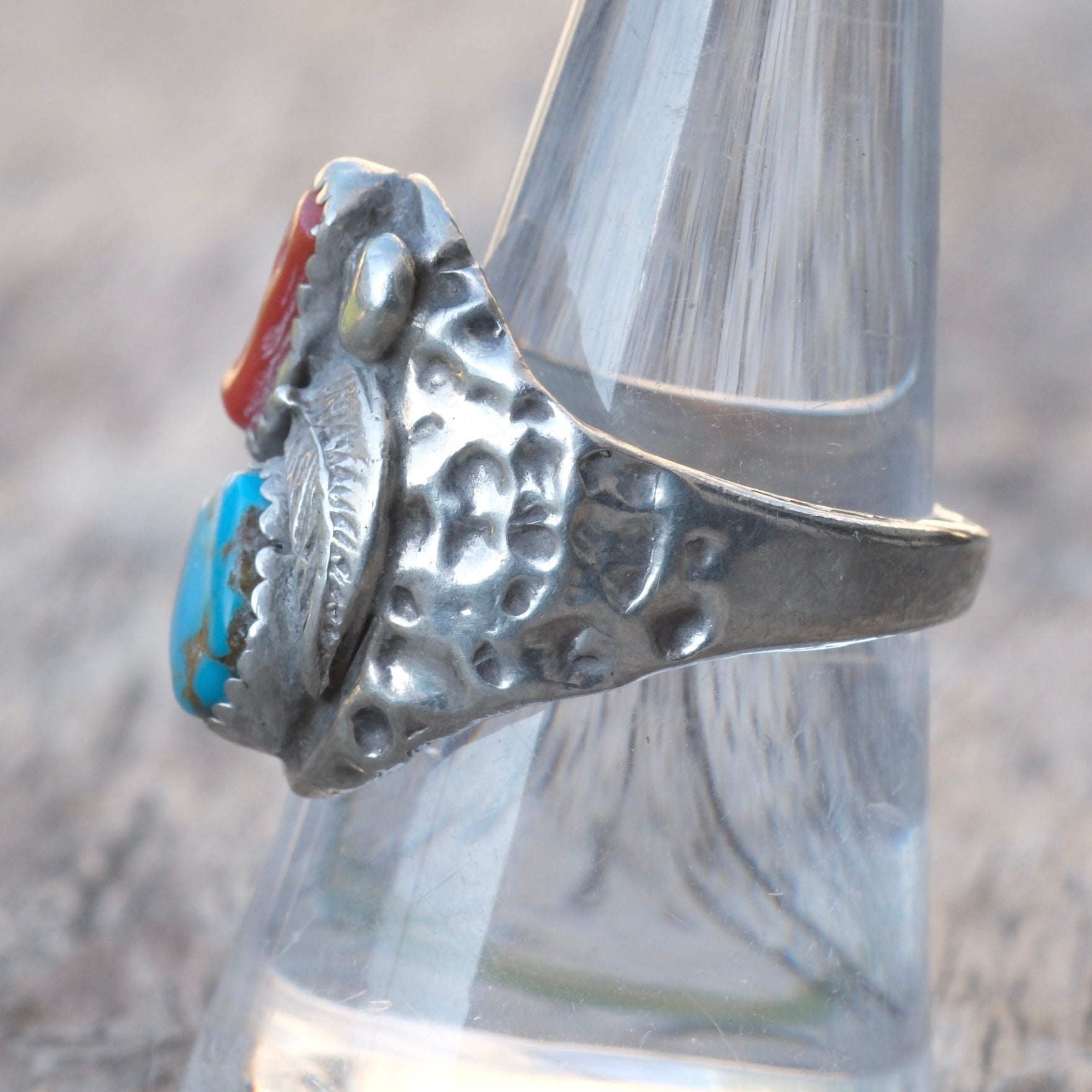 Vintage Sterling Turquoise and Coral Feather Ring 8.5