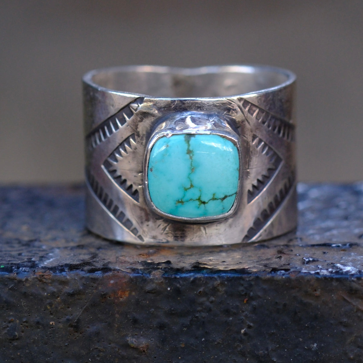 Sterling Silver Natural Lone Mountain Turquoise Stamped Cigar Band Ring 10.5