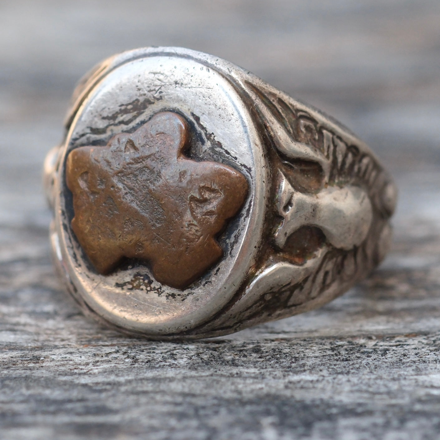 Vintage Sterling Silver WORN Military Signet Ring 7.75