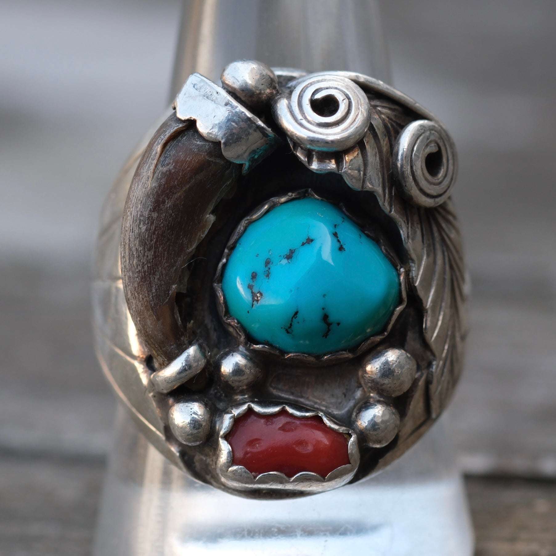 Vintage Sterling Turquoise and Coral Claw Ring 10.5