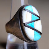 Vintage Sterling Turquoise Onyx and MOP Inlay Ring 10.75