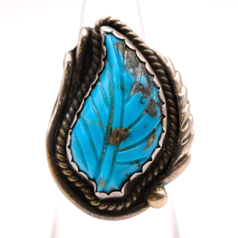Vintage Sterling Carved Turquoise Feather Ring 4.5