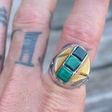 Vintage Sterling Malachite and Mother Of Pearl Inlay Ring 10.25