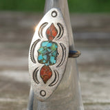 Vintage Sterling Turquoise and Coral Inlay Ring 4