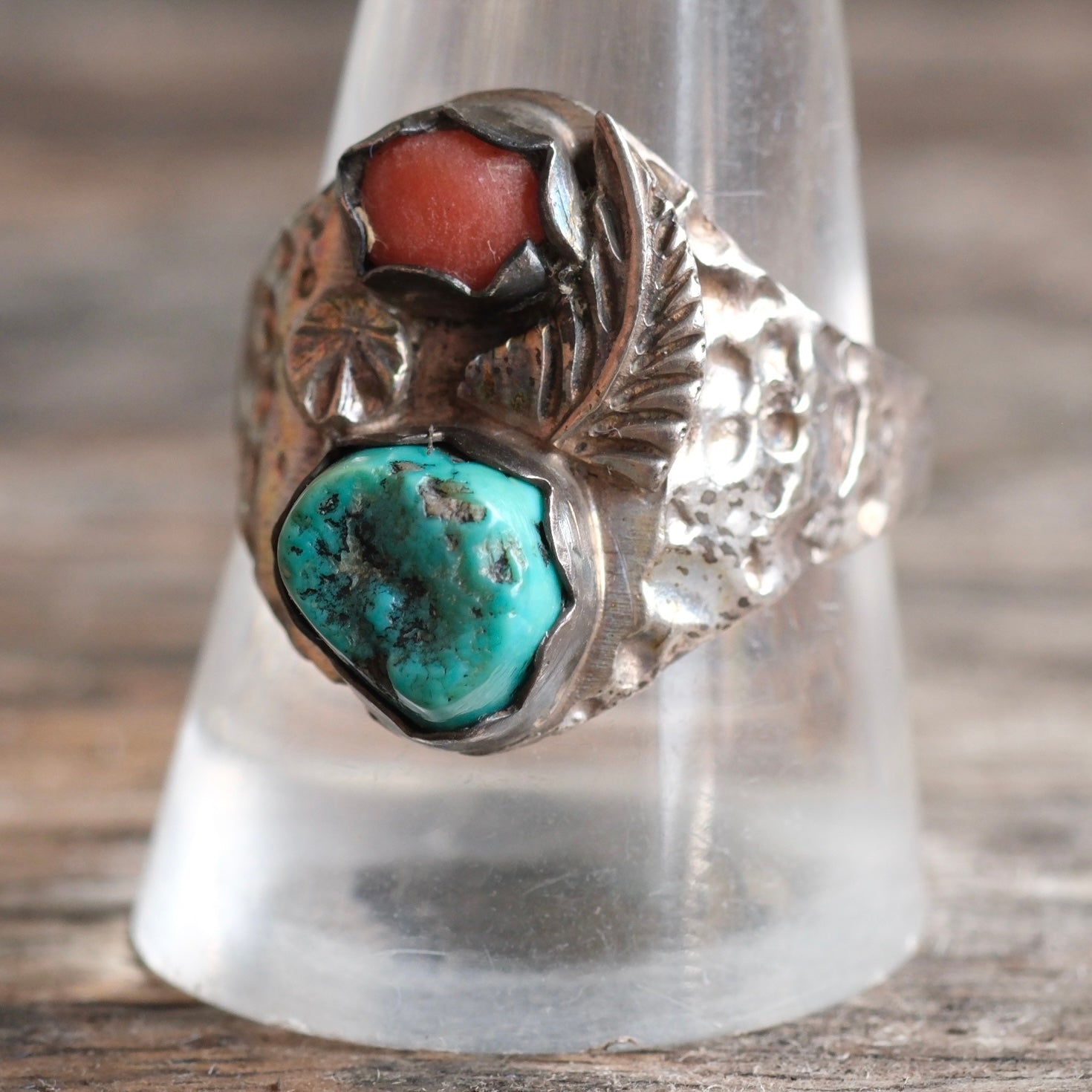 Vintage Sterling Turquoise and Coral Feather Ring 10.75