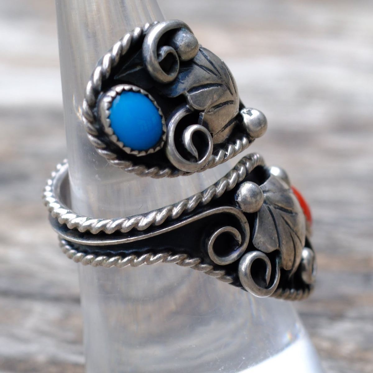 Vintage Sterling Turquoise and Coral Overpass Ring 6.5
