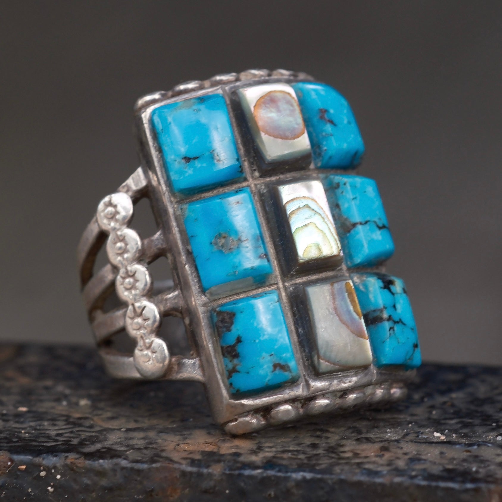 Vintage Sterling Turquoise and Abalone Inlay Panel Ring 9