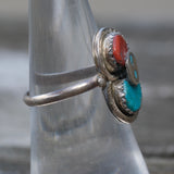 Vintage Sterling Effie Turquoise and Coral Snake Ring 6.75