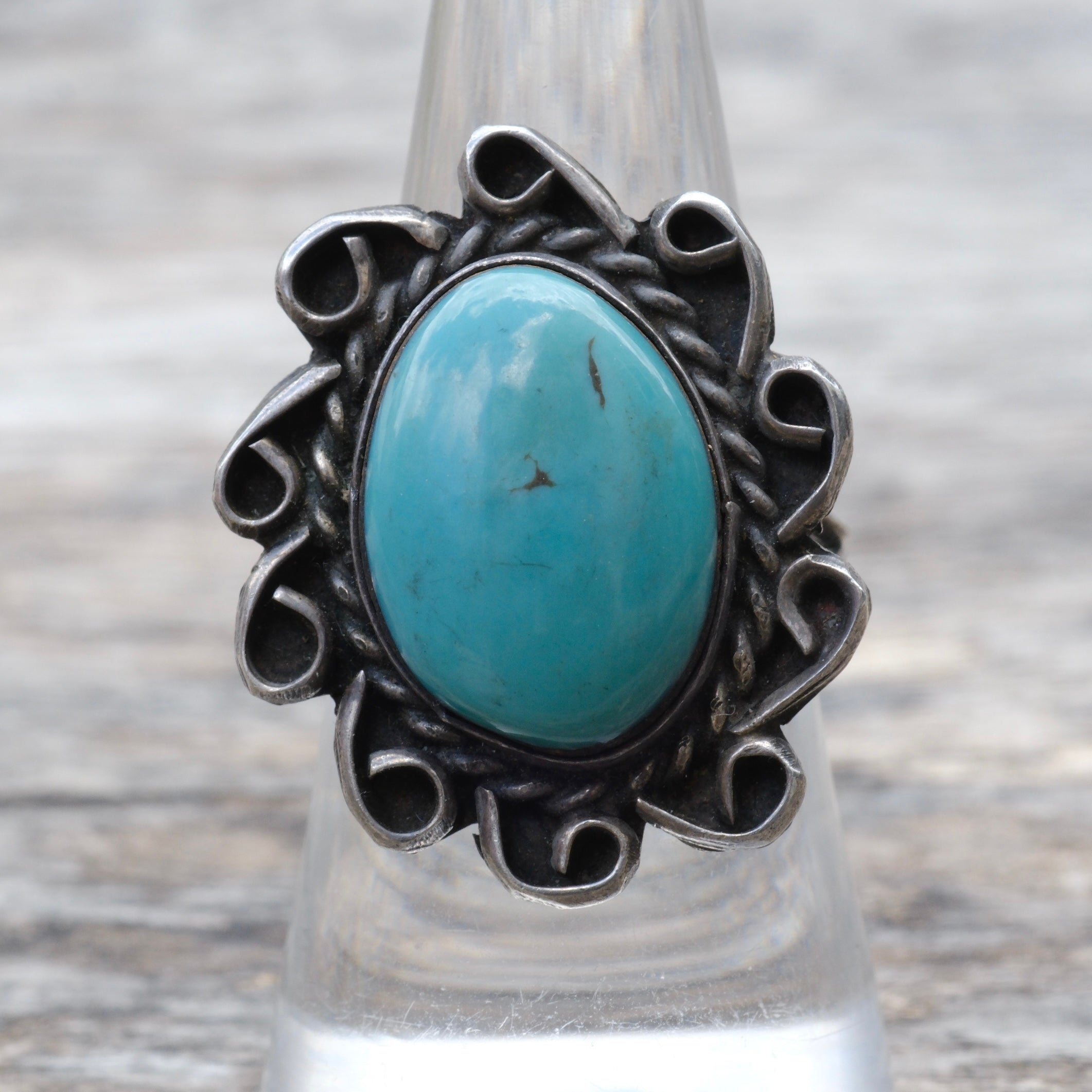 Vintage Sterling Turquoise Florette Ring 7.5