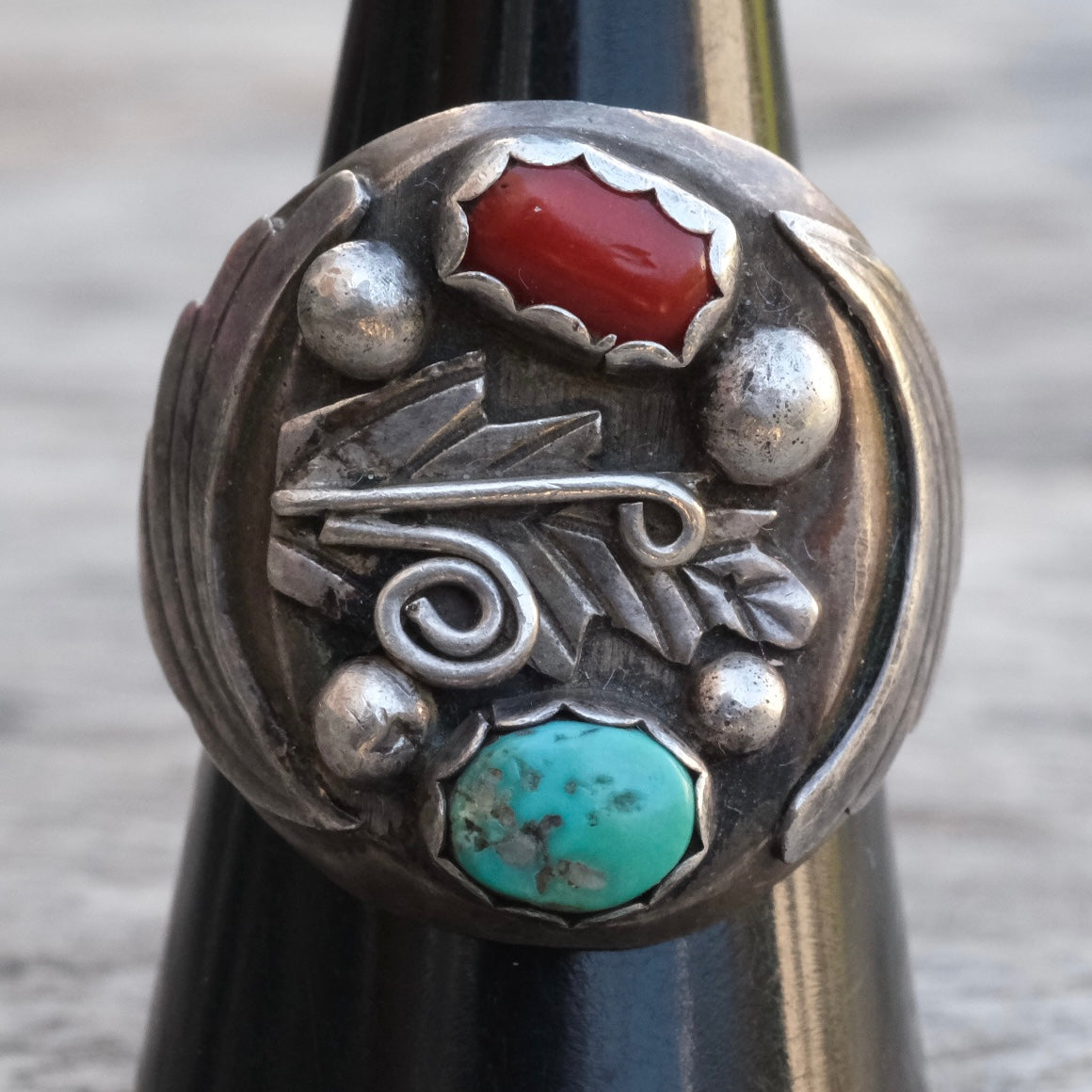 Vintage Sterling Turquoise and Coral Feather Ring 9