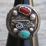 Vintage Sterling Turquoise and Coral Feather Ring 9