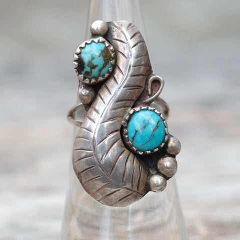 Vintage Sterling 2-Stone Turquoise Feather Ring 5