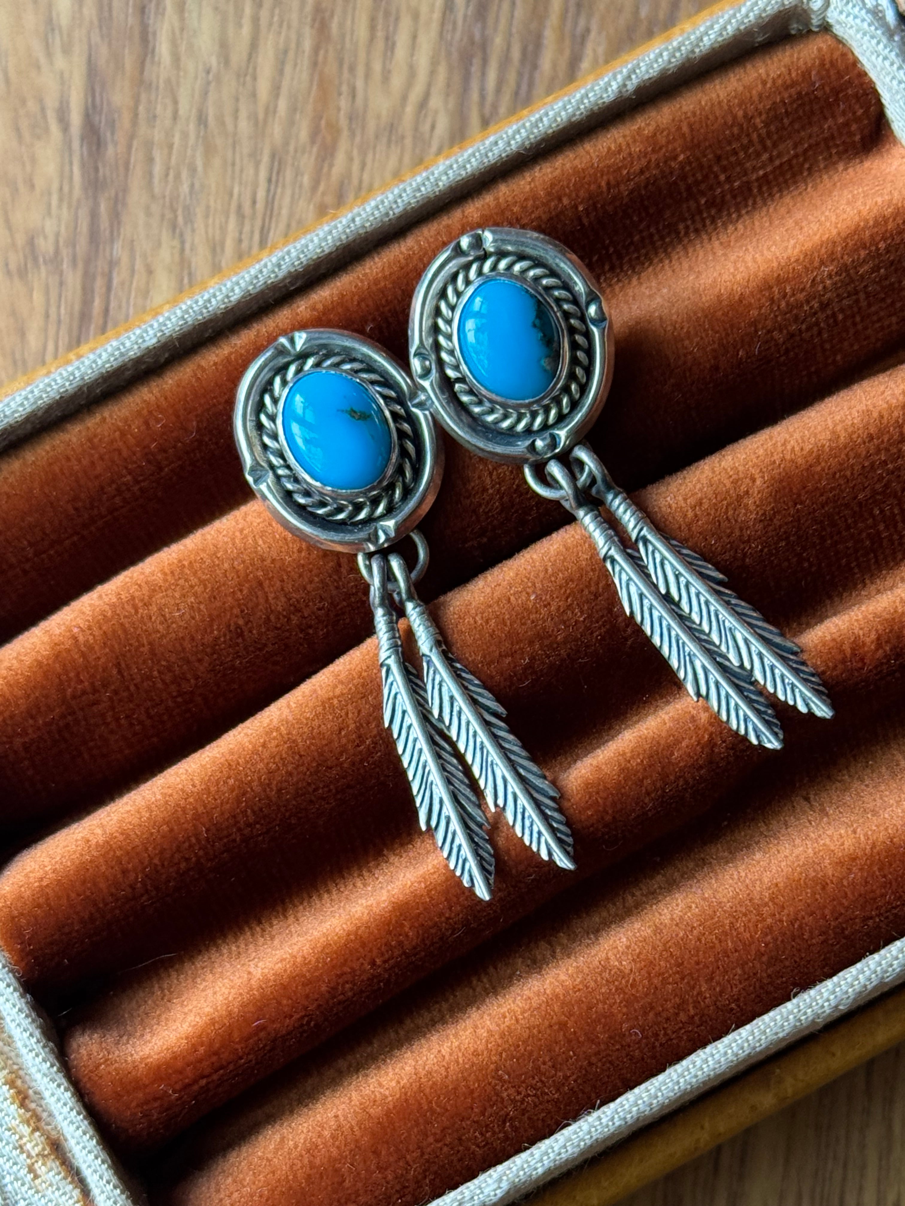 Vintage Sterling Silver Turquoise Feather Earrings