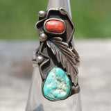 Vintage Sterling Turquoise and Coral Feather Ring 4.25