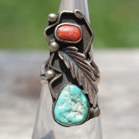 Vintage Sterling Turquoise and Coral Feather Ring 4.25