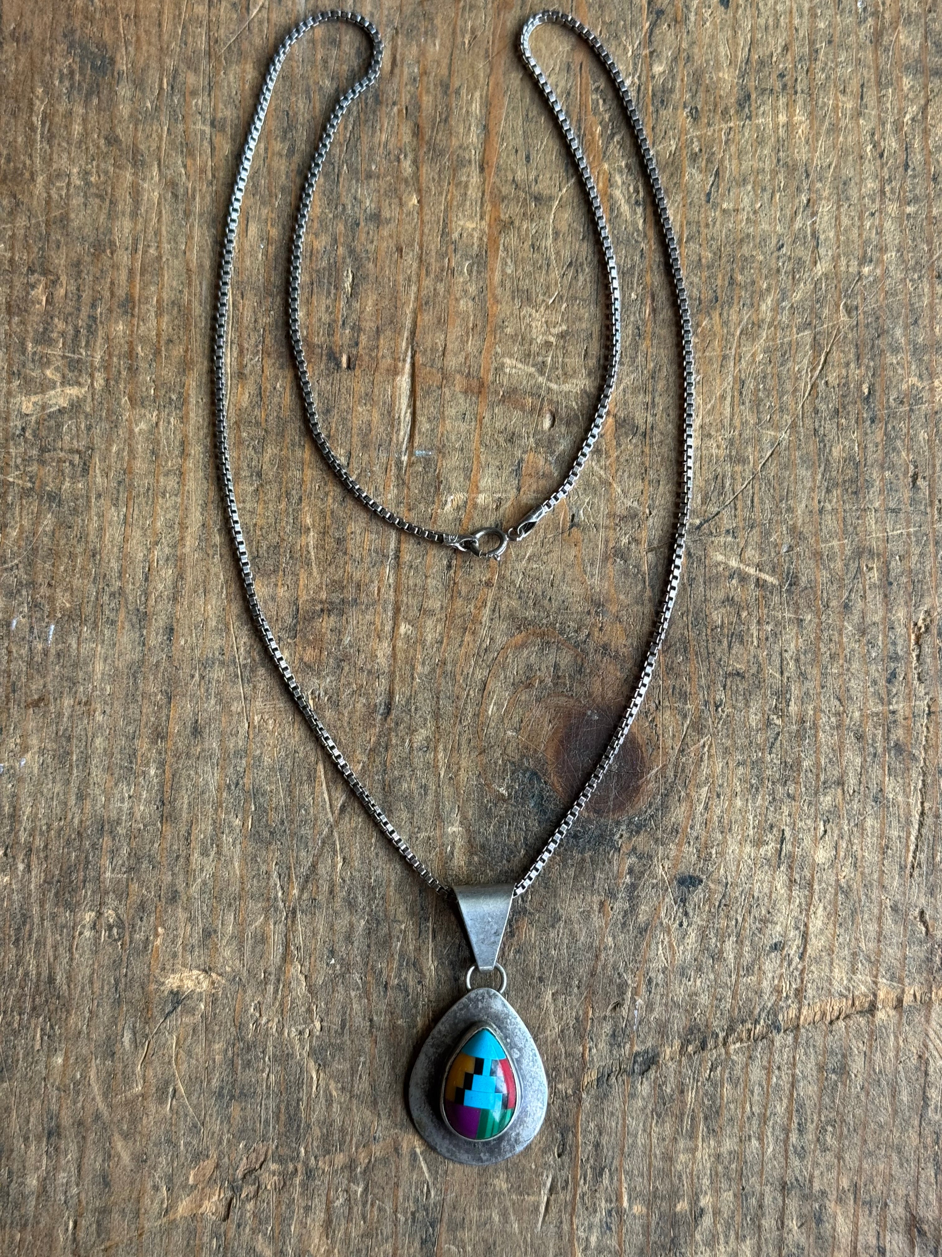 Vintage Sterling Silver Multistone Inlay Teardrop Necklace