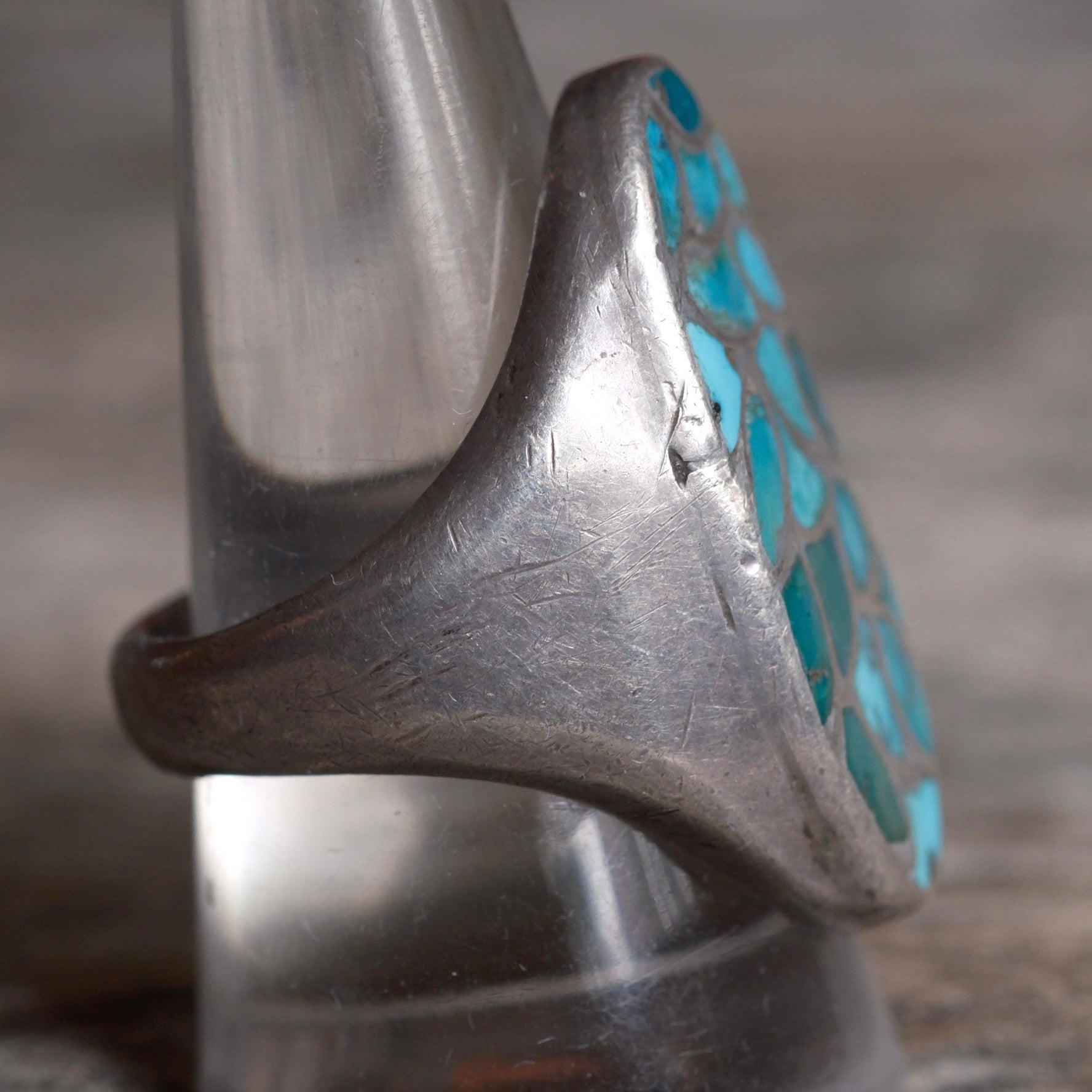 Vintage Sterling Turquoise Inlay Fish Scale Ring 10.5