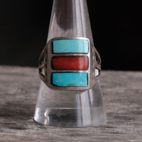 Vintage Sterling Turquoise and Coral Inlay Ring 10
