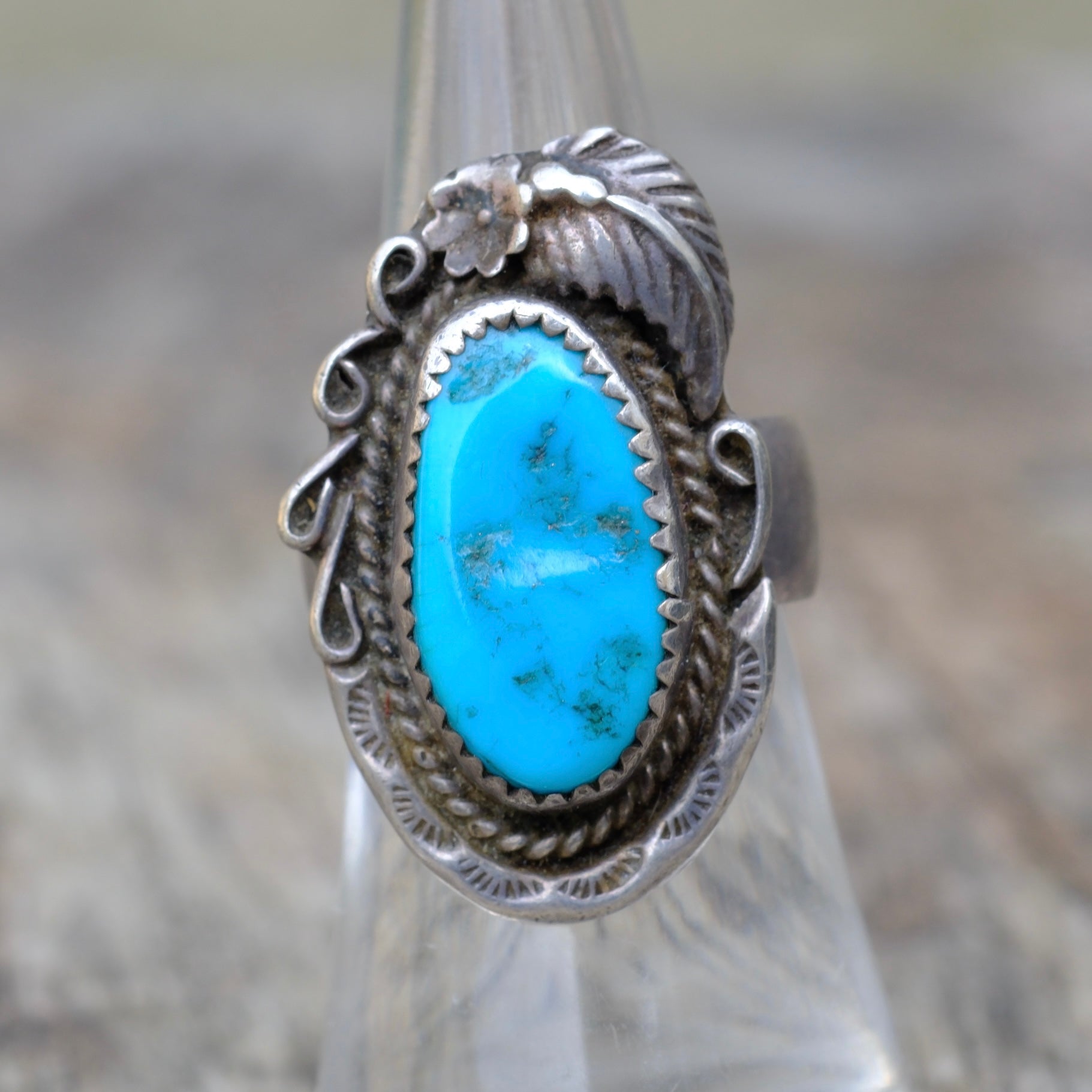 Vintage Sterling Turquoise Feather Ring 5.5