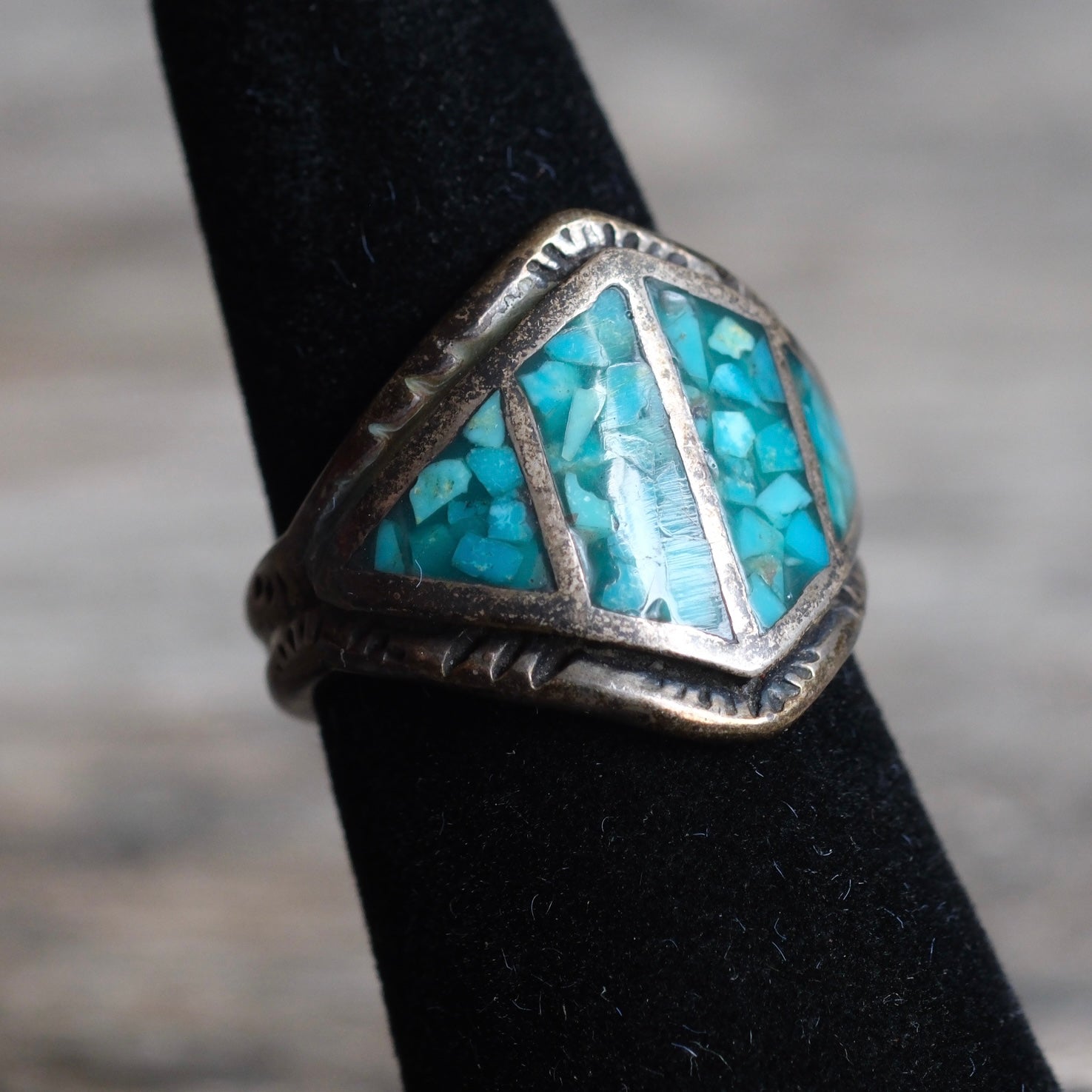 Vintage Sterling Crushed Turquoise Inlay Ring 5