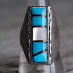 Vintage Sterling Turquoise and Mother Of Pearl Inlay Ring 10.5