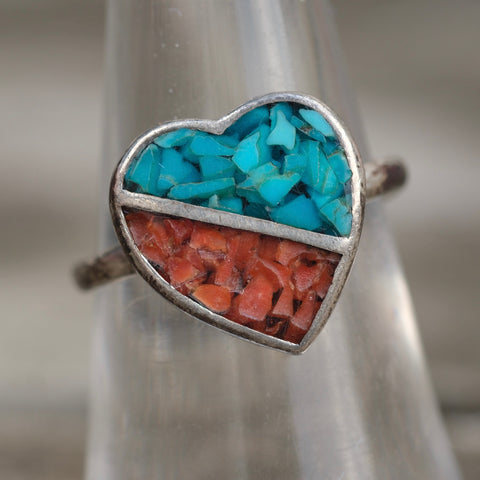 Vintage Sterling Turquoise and Coral Heart Ring 7