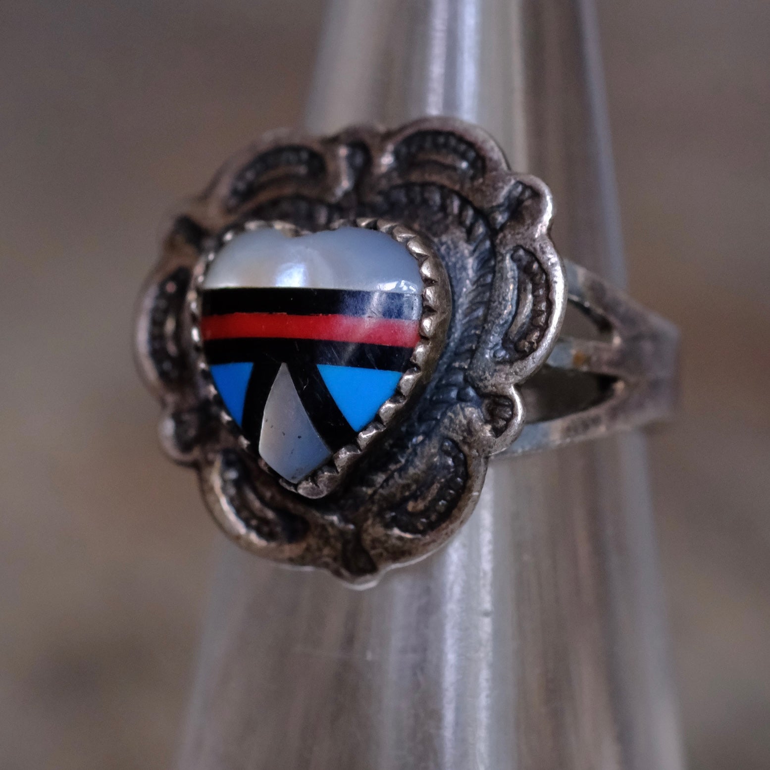 Vintage Sterling Multistone Inlay Heart Ring 5.5