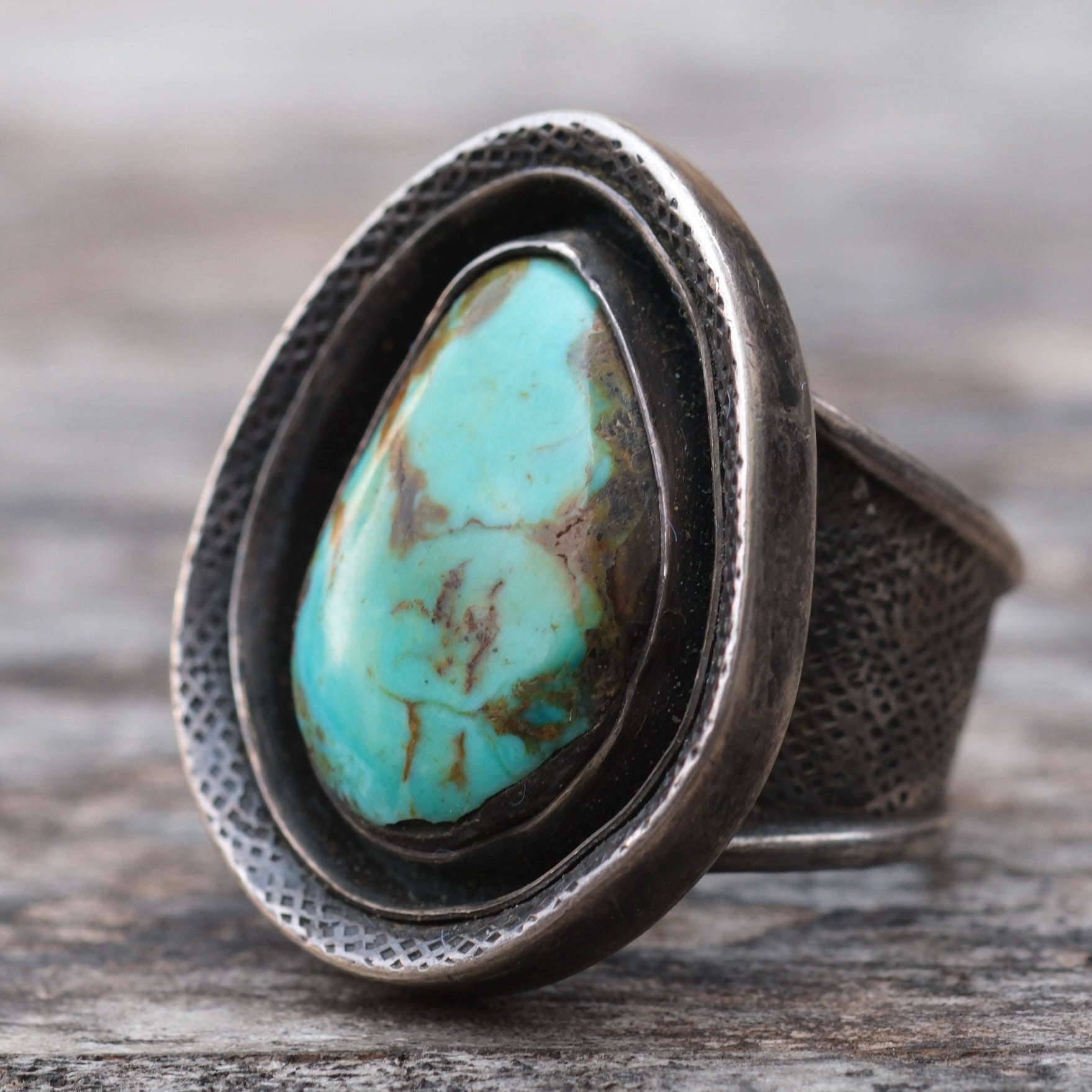 Vintage Sterling Turquoise Textured Band Ring 6