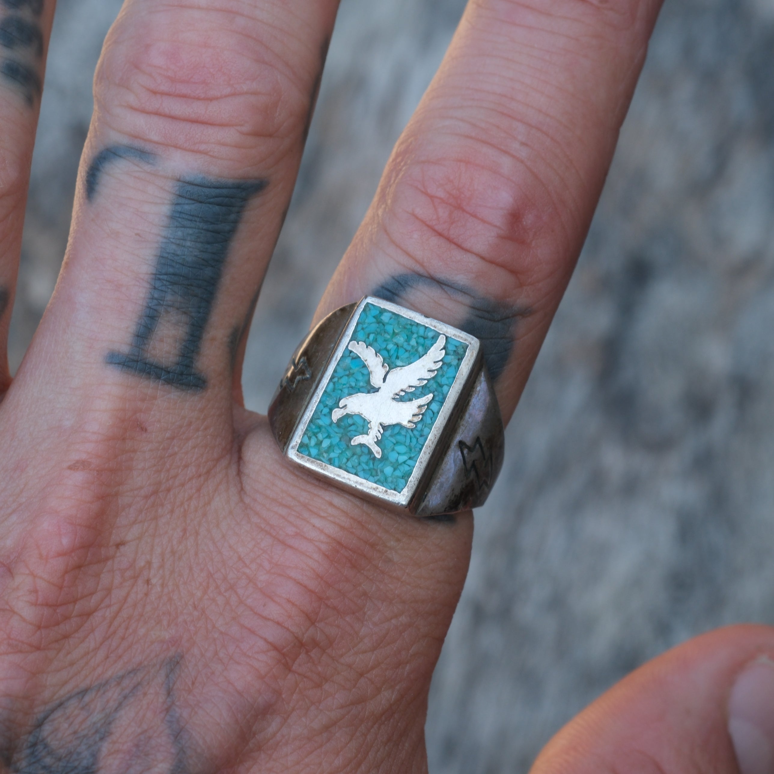 Vintage Sterling Crushed Turquoise Eagle Ring 9.75