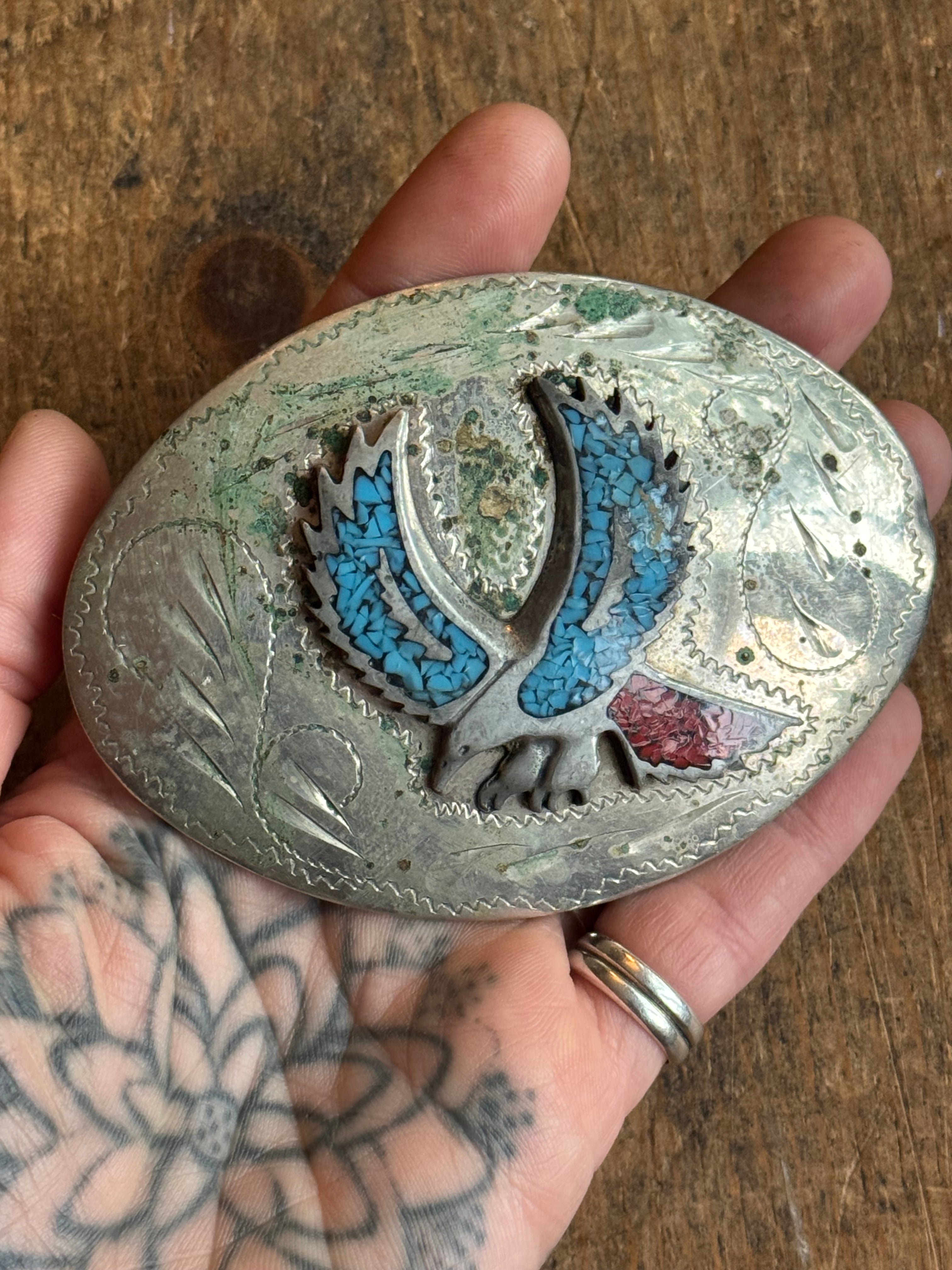 Vintage Turquoise & Coral Chip Inlay Eagle Belt Buckle